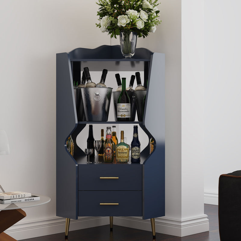 Corner Bar Cabinet With Mirrored Back, 2 Open Shelves & 2 Drawers, High Legs For Easy Cleaning