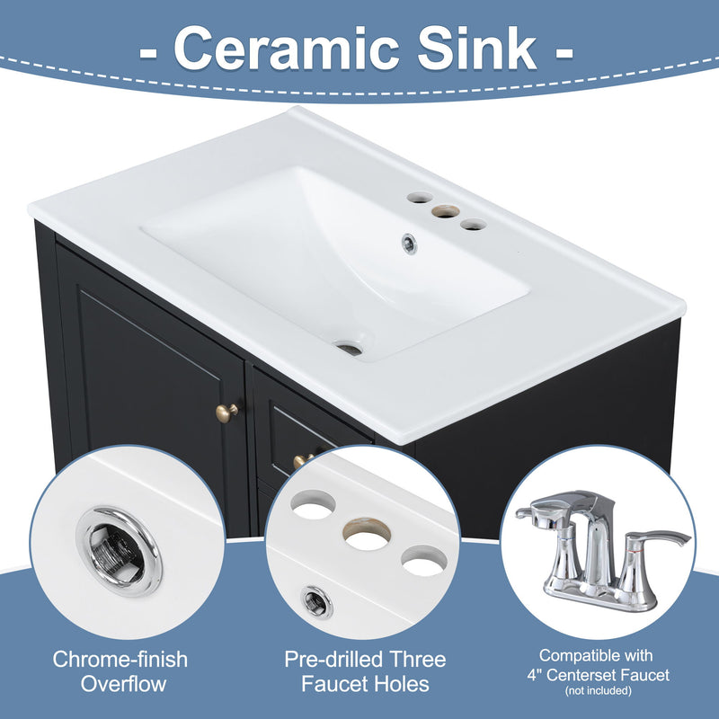 Freestanding Bathroom Vanity With Sink, Soft Close Door, 3 Drawers