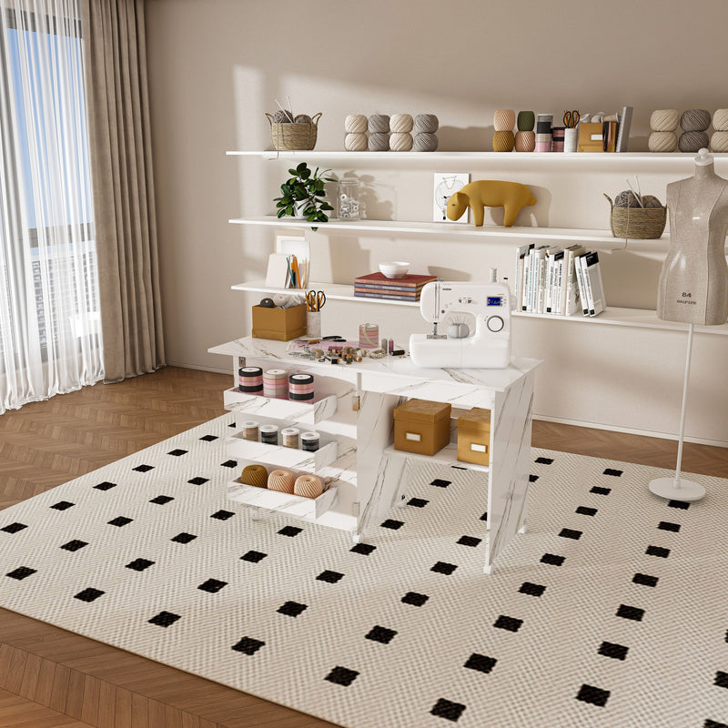 4 In 1 Folding Sewing Table With Lockable Wheels, Multi Functional Craft Station - White