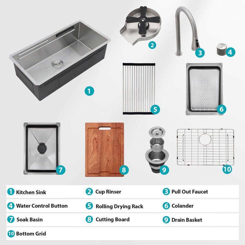 Undermount Stainless Steel Kitchen Sink With Pull Down Faucet & Ledge Workstation