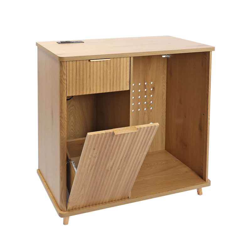 Fluted Coffee Bar Cabinet With Mini Fridge Space & Charging Station - Natural