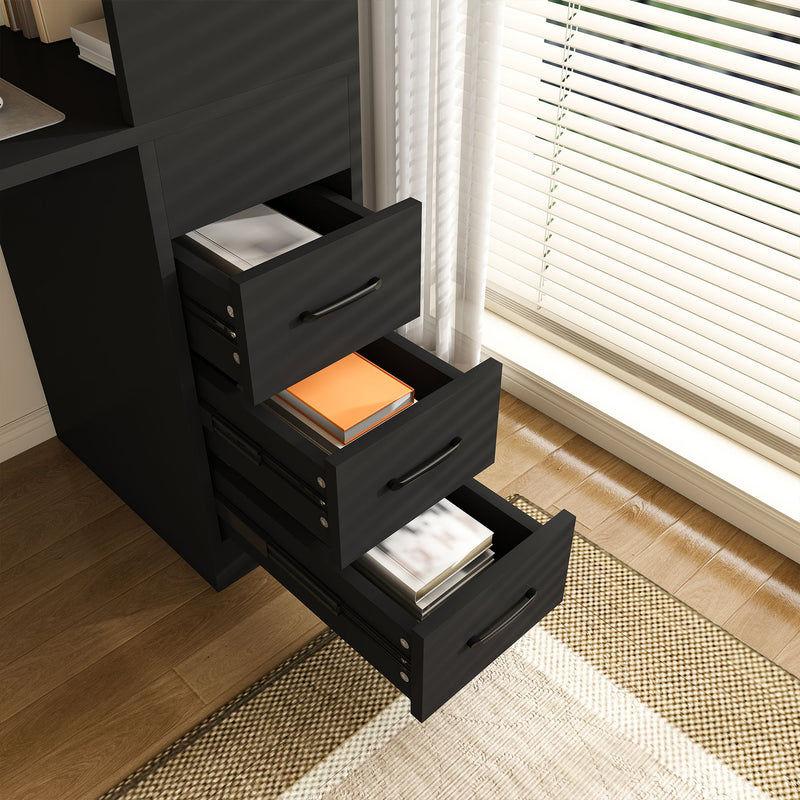 Computer Desk With 4 In 1 Socket, 3 Slide Drawers And 4 Storage Levels, For Home Office - Black