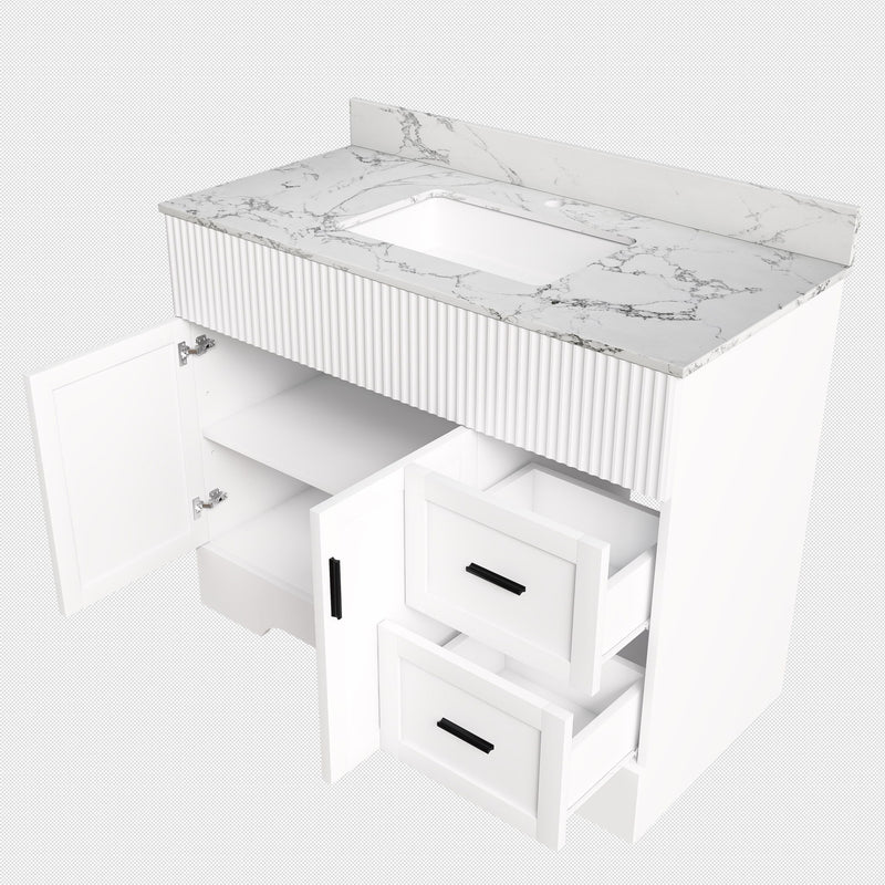 Bathroom Vanity Set, Fluted Cabinet, Soft Close Doors & Drawers, Sink Included - White
