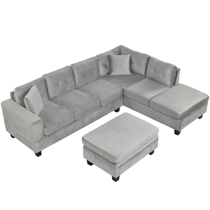 Modern Sectional Sofa With Storage Ottoman, L - Shape Couch With 2 Pillows And Cup Holders