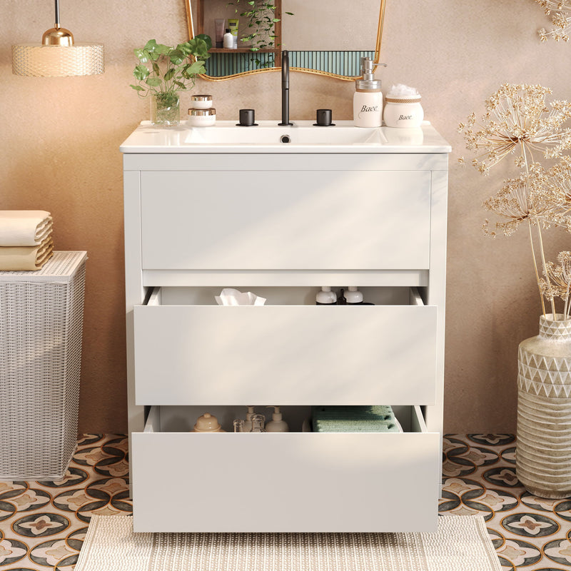 Freestanding Bathroom Vanity With Ceramic Sink, 2 Full Extension Drawers