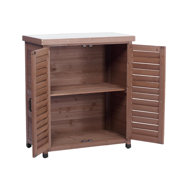 Potting Bench With Storage Cabinet And Metal Table Top For Outdoor