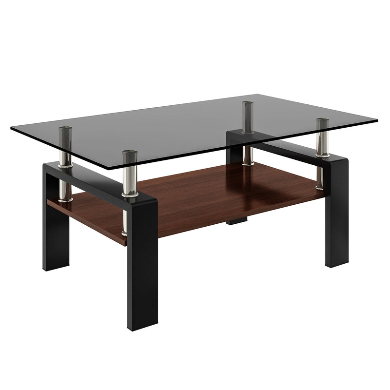Modern Rectangular Coffee Table With Tempered Transparent Glass Top And Storage Shelf