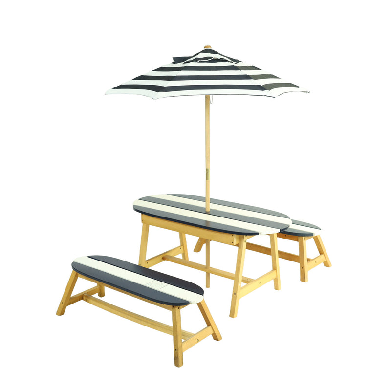 Naturally Playful Kids Picnic Table With Umbrella, Indoor / Outdoor Fun - Blue / White Stripes