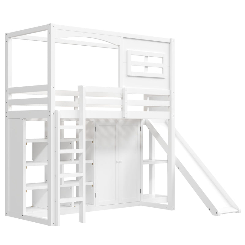 Twin Size Loft Bed With Wardrobe, Storage Shelves, Slide And LED - White