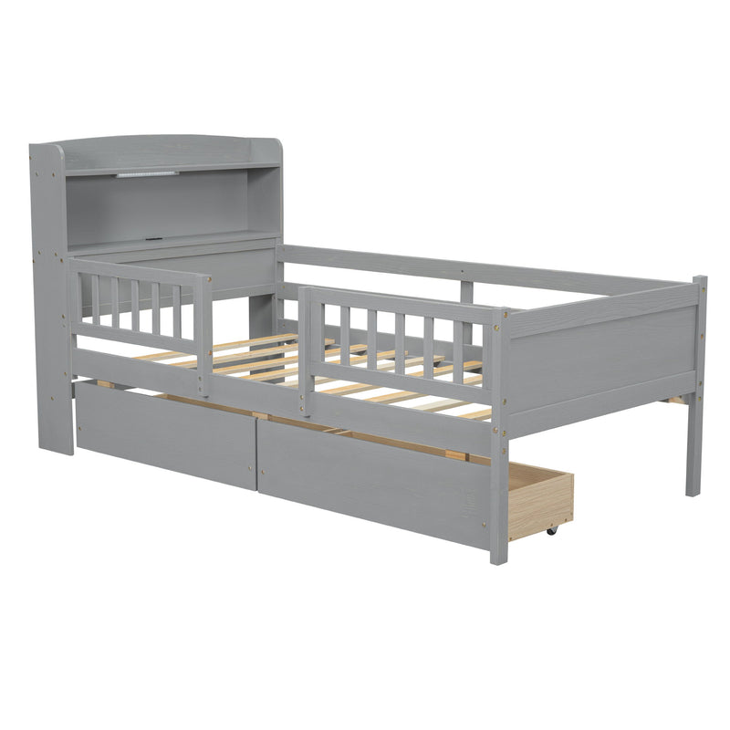Platform Bed With LED Light, Multi Functional Headboard, Guardrail And 2 Drawers