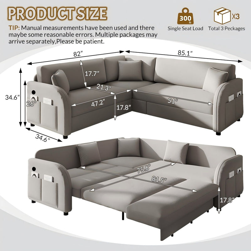 L-Shaped Couch With Pull-Out Bed, Oversize Convertible Sleeper Sofa With Side Pocket & USB Port