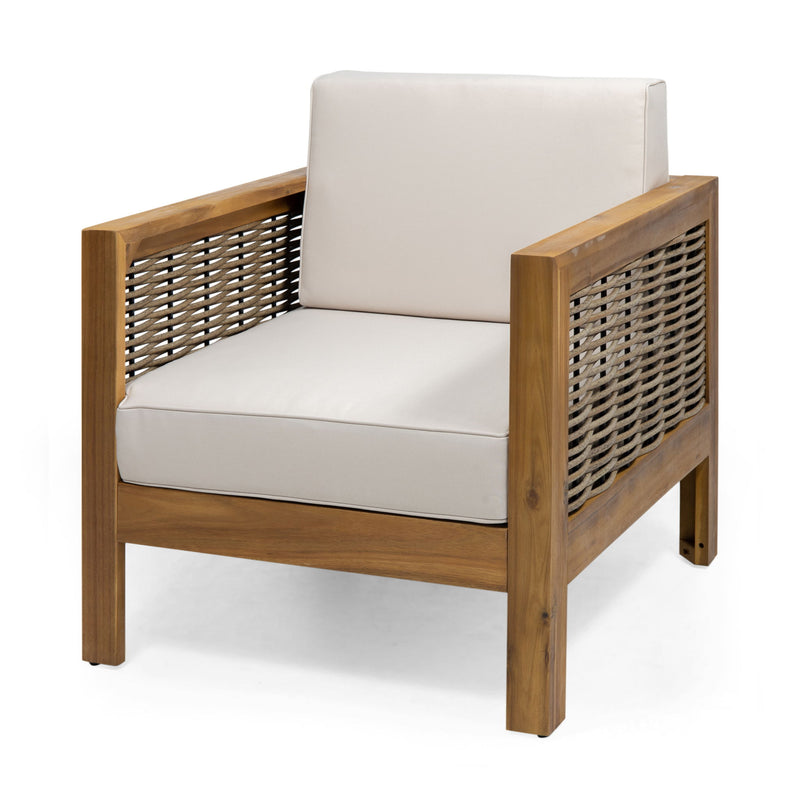 Outdoor 4 Seater Acacia Wood Chat Set With Wicker Accents And Cushions - Teak / Mixed Brown / Beige