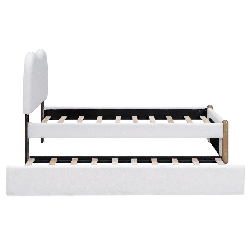Upholstered Platform Bed With Wood Supporting Feet And Trundle