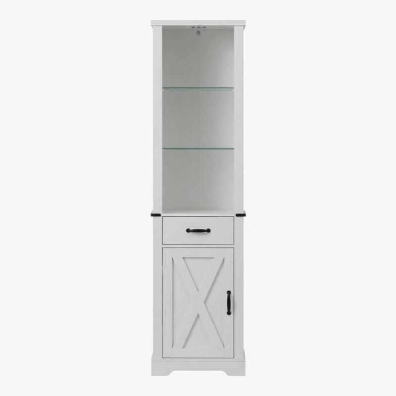 Pantry Cabinet With LED Lights And Barn Door With Tempered Glass Shelves - White