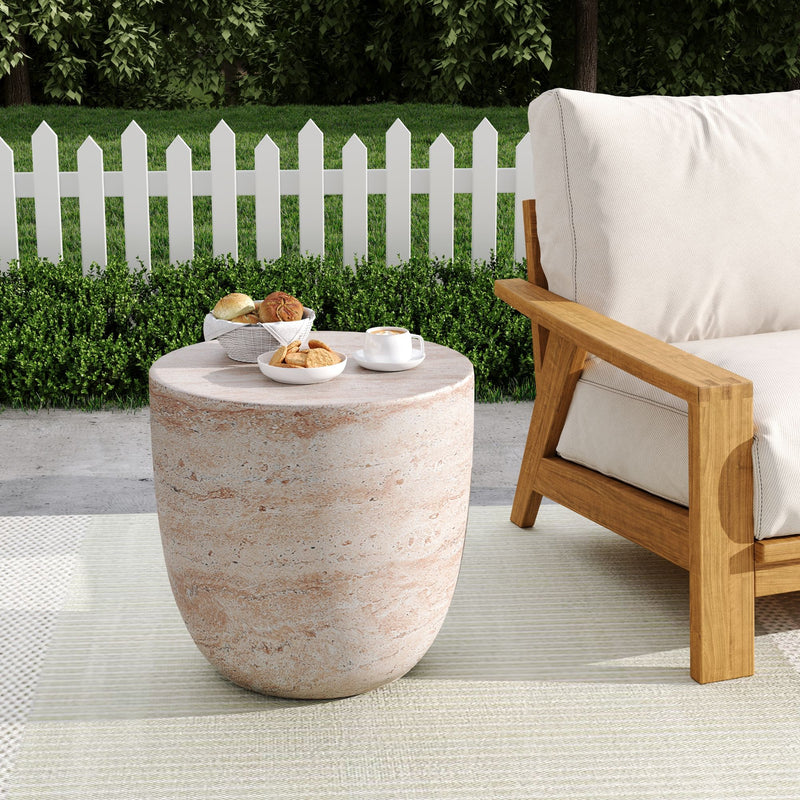 Outdoor / Indoor, Lightweight Concrete Side Table With Travertine - Beige
