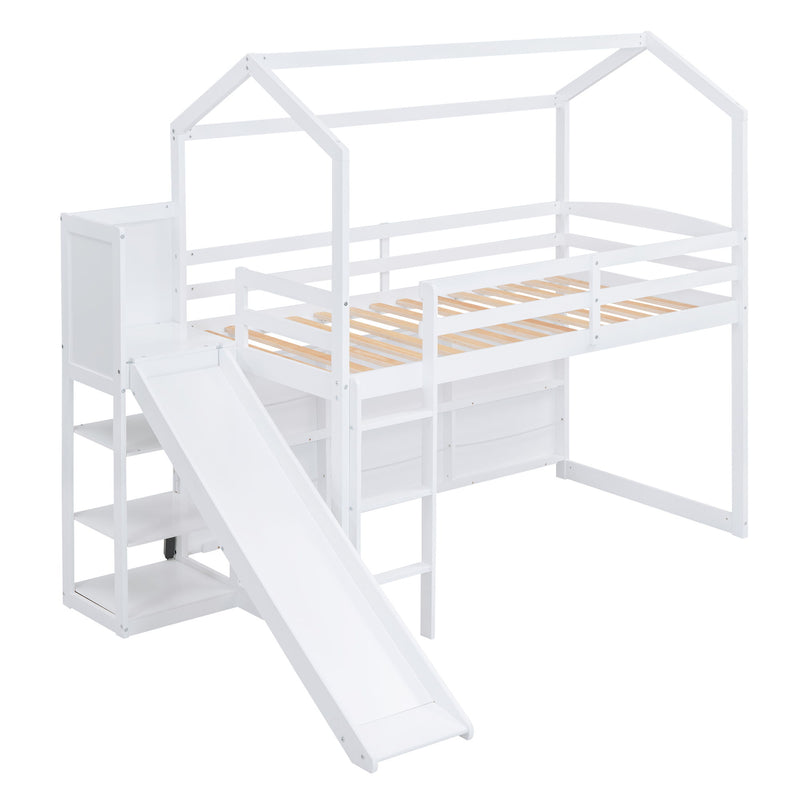 House Loft Bed With Slide, Storage Shelves And Light, Climbing Ramp
