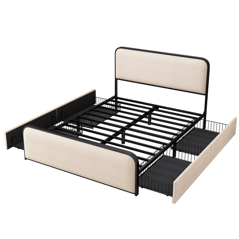 Modern Bed With Curved Upholstered Headboard And Footboard, Heavy Duty Metal Slats