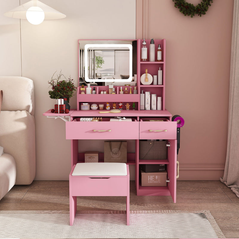 Vanity Desk With LED Mirror Lights And Charging Outlet