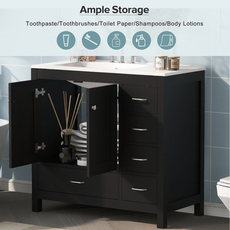 Bathroom Vanity With Ceramic Sink Combo, Abundant Storage Cabinet 2 Soft Close Doors And 5 Drawers