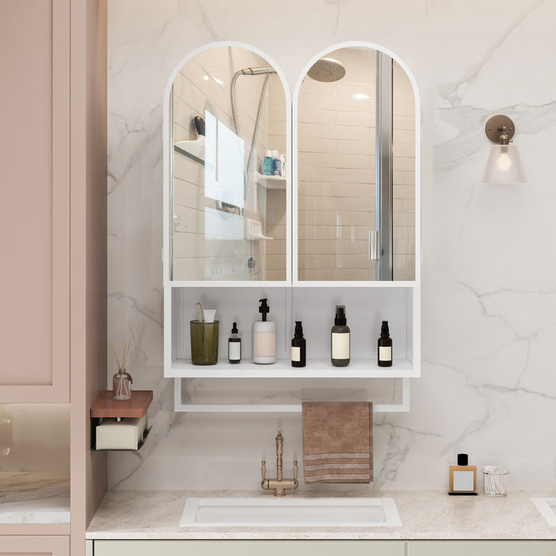 Double Arched Mirror Wall Cabinet With 2 Doors, Featuring Adjustable Shelves And Towel Rack