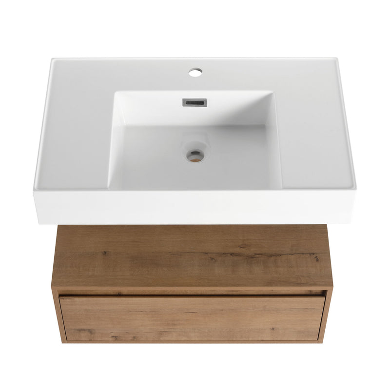 Wall Mounted Bathroom Vanity With Resin Sink And Soft Close Drawer - Imitative Oak