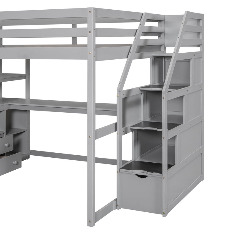 Loft Bed With Desk, Shelves, 2 Drawers, Storage Staircase