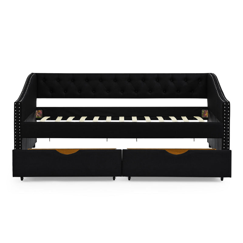 Upholstered Tufted Daybed With 2 Drawers, Waved Arms