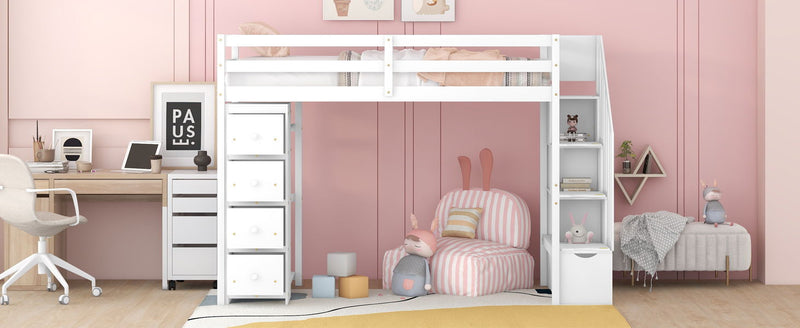 Loft Bed With Storage Drawers And Stairs With Shelves