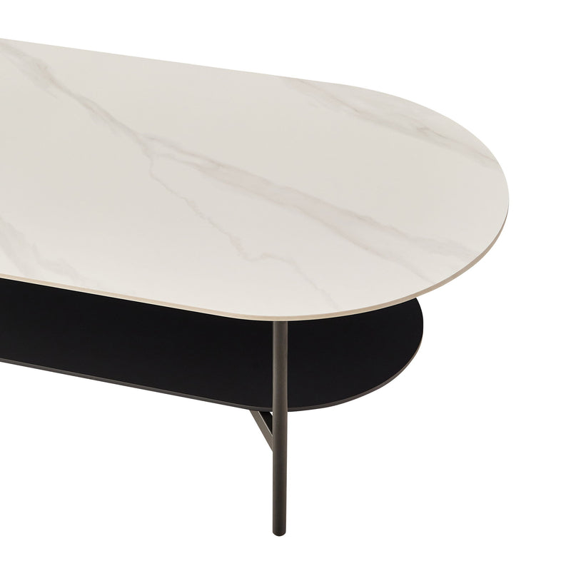 Contemporary Coffee Table Sintered Stone Surface With Ceramic Finish Double Layer Design Base Matte Shelf Modern Living Room Center Table - White / Gray