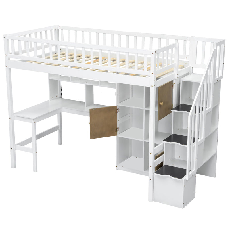 Loft Bed With Built In L Shaped Desk, LED Lights, Storage Shelves, Cabinets, And Staircase