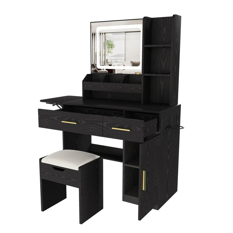 Vanity Desk With LED Mirror Lights And Charging Outlet