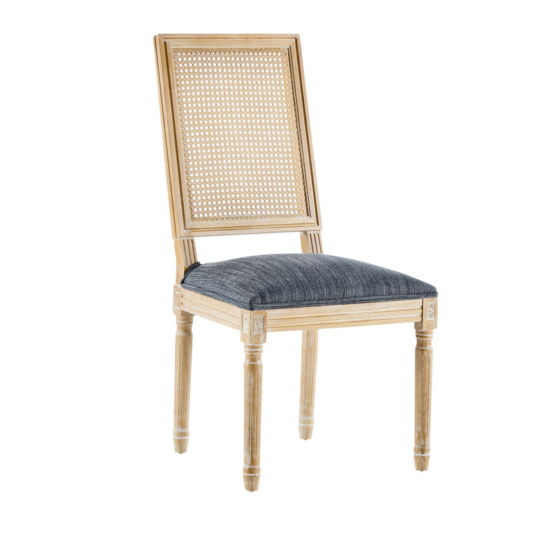 French Country Dining Chair With Rectangular Cane Backrest And Smooth Upholstered Seating