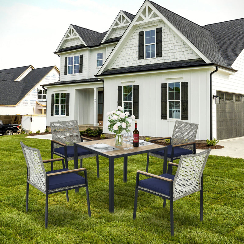 5 Piece Patio Dining Table Set, Acacia Wood Table Top With Umbrella Hole
