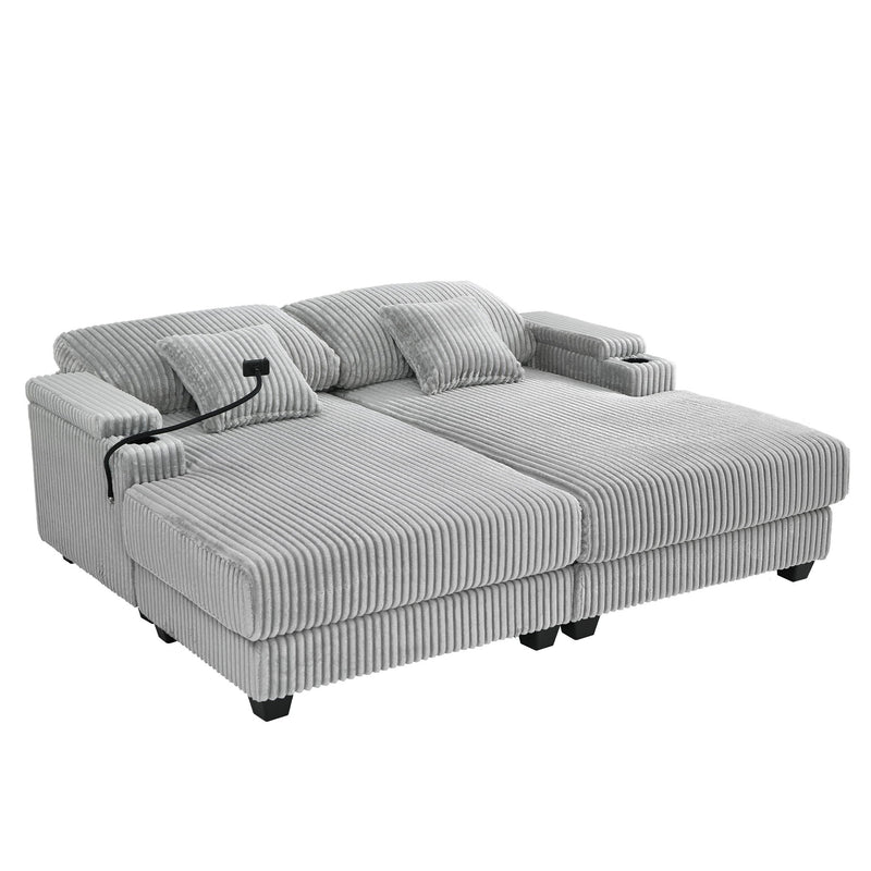 Modern Chaise Sofa With Adjustable Backrest, Cup Holders, Phone Holder & Storage Compartments For Living Room