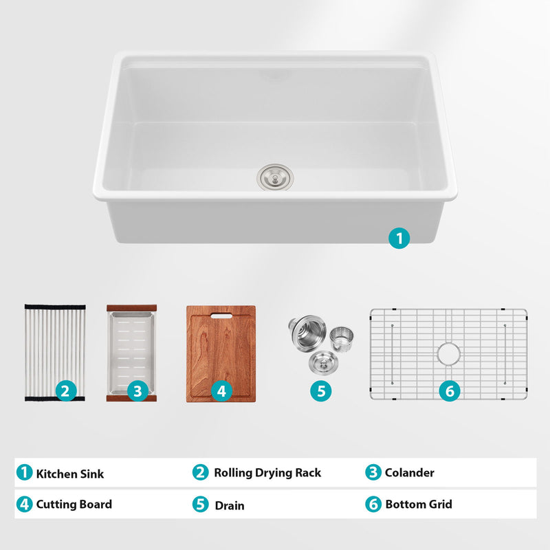 Undermount Workstation Single Bowl Porcelain Ceramic Kitchen Sink