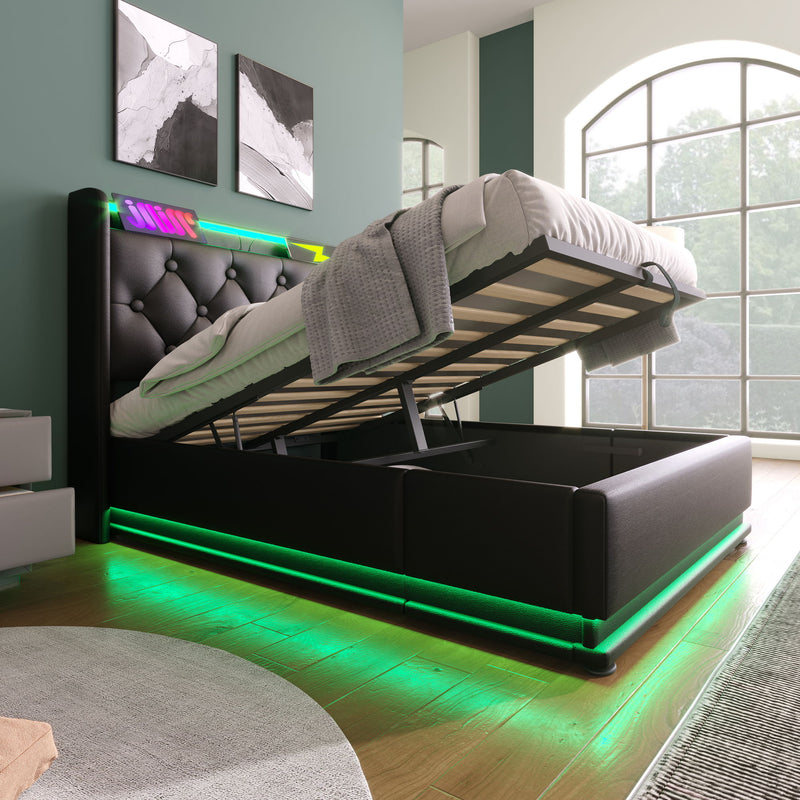 Upholstered Bed, 360 Surround LED Function, Remote Control, Hydraulic Storage Bed With USB, Type-C Charging (Without Mattress)