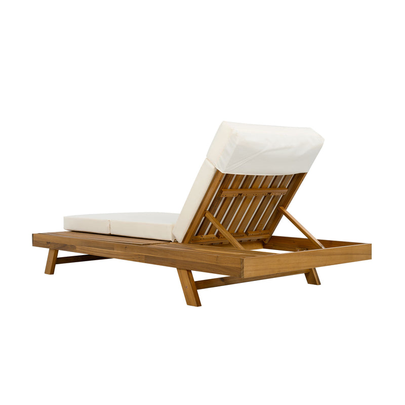 Acacia Wood Lounge Chaise Set With Headrest And Water Resistant Cushions - Beige