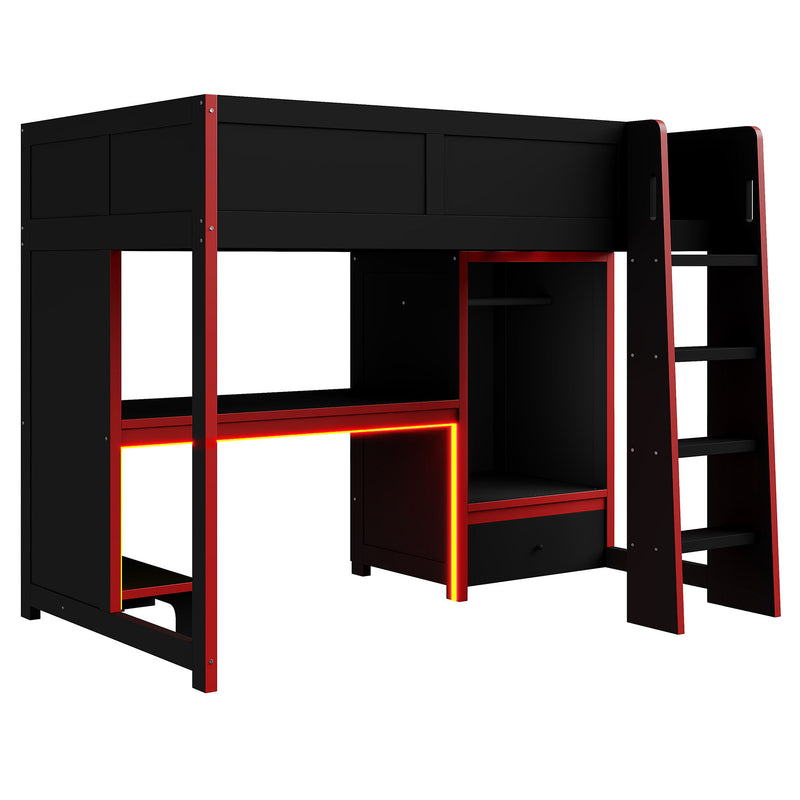 Gaming Loft Bed With Built In Desk, Wardrobe, LED Lighting And Drawer