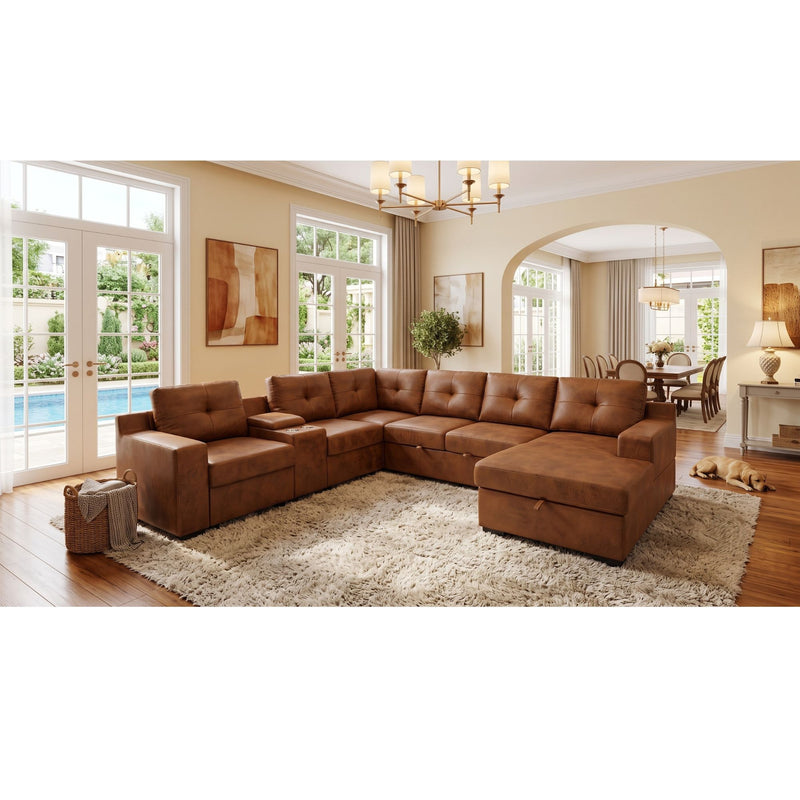 U - Shape Sectional Pull Out Bed With Console, Storage, And USB Charging