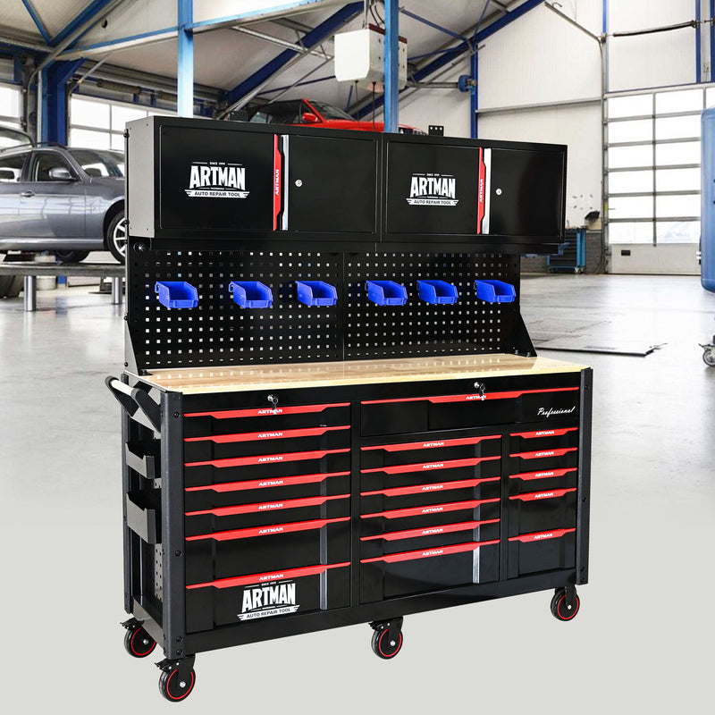 Heavy Duty Tool Cart With 19 Drawers, Tools Not Included, Mobile Storage For Workshop Or Laboratory - Black / Red