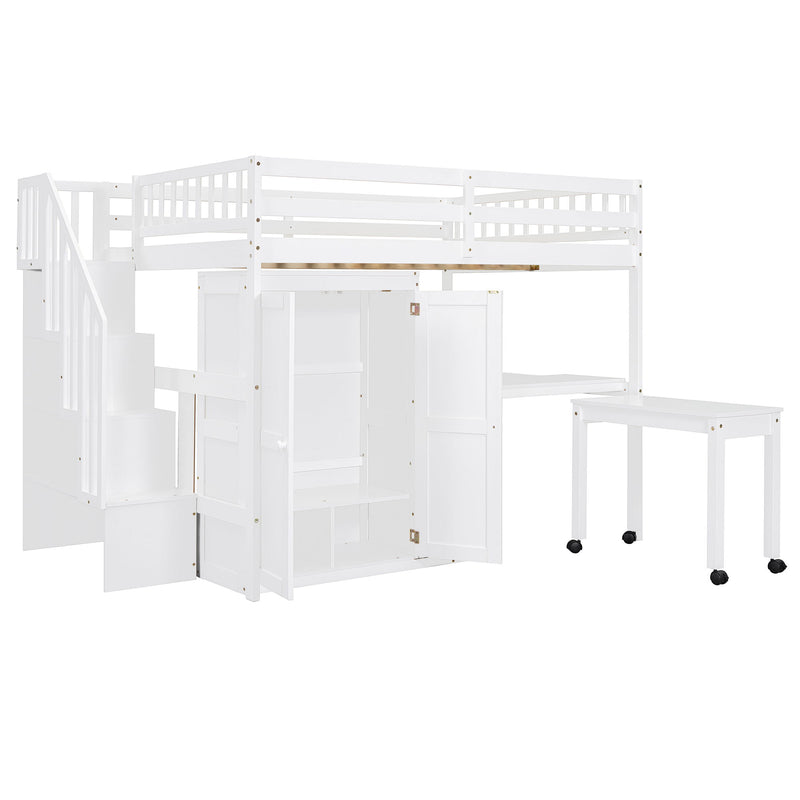 Loft Bed With Stairs, Bookshelf, Drawers, Desk & Wardrobe, Space Saving Multifunctional Furniture