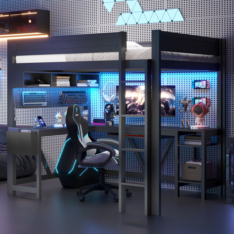 Gaming Loft Bed With Desk, Storage Shelves, LED And Charging Station