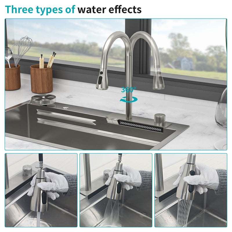 33" Stainless Steel Single Bowl Kitchen Sink With Waterfall Flow