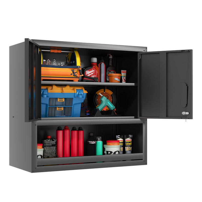 Wall-Mounted Storage Cabinet With Locking Door, 1 Shelf And Open Drawer - Black