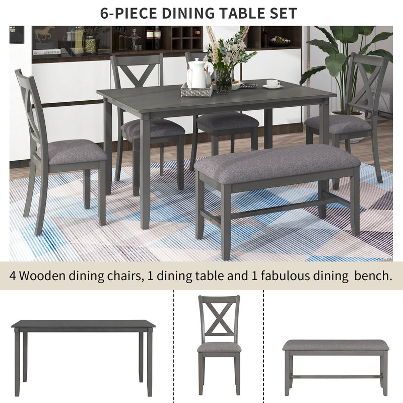 6 Piece Rectangular Dining Table Set With 4 Chairs And Bench