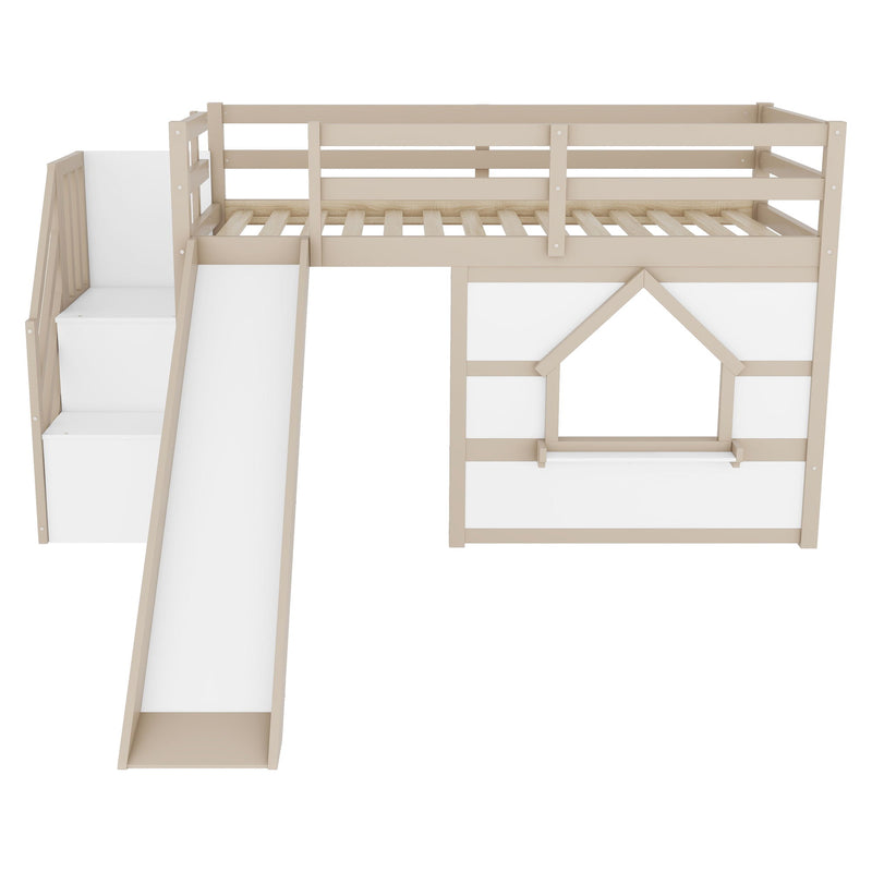Loft Bed With Storage Stairs, Slide, Playhouse Window And 7 Colors LED Lights