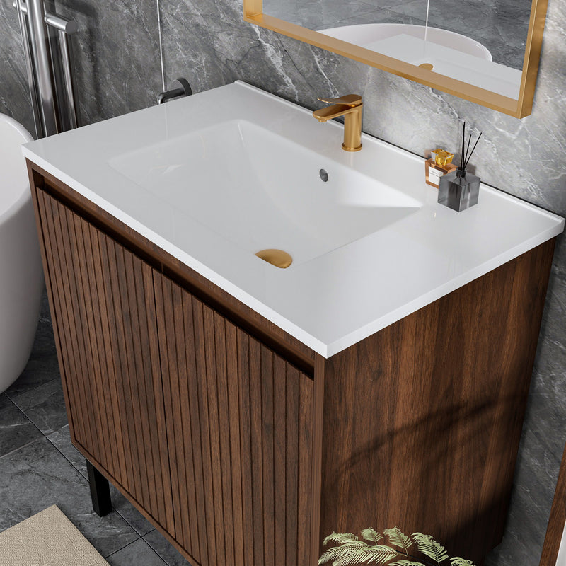 Bathroom Vanity With Ceramic Sink, Floor-Standing Design, Soft-Closing Drawers