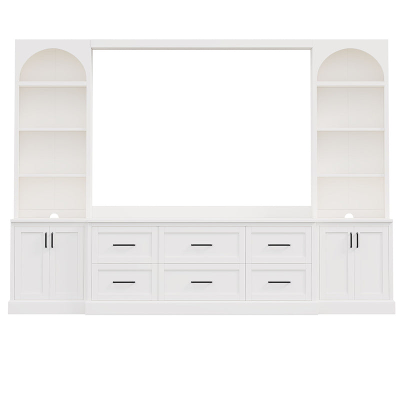 Arched Entertainment Center Wall Unit With 6 Drawers, Large TV Stand With Bookshelves