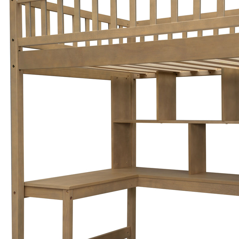 Loft Bed With Built In L Shaped Desk, LED Lights, Storage Shelves, Cabinets, And Staircase