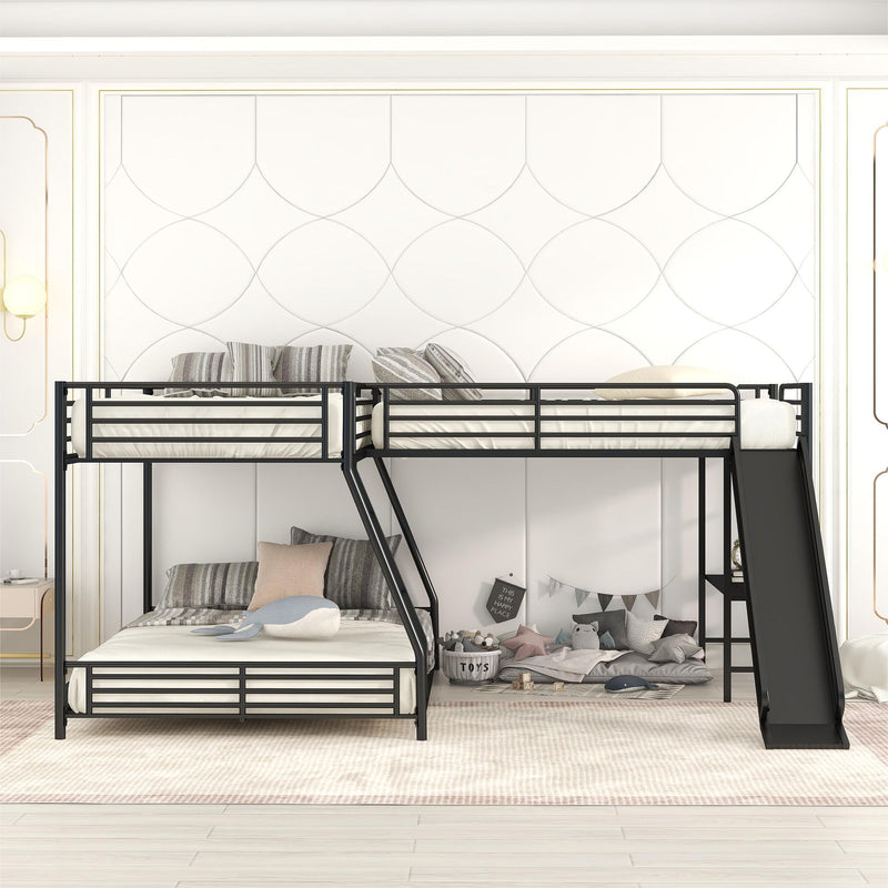 L-Shaped Twin Over Full Bunk Bed With Twin Loft, Built In Desk And Slide - Black